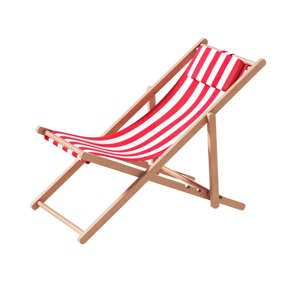 Damien Outdoor Chairs Sun Lounge Deck Beach Chair Folding Wooden Patio Furniture - Red and White