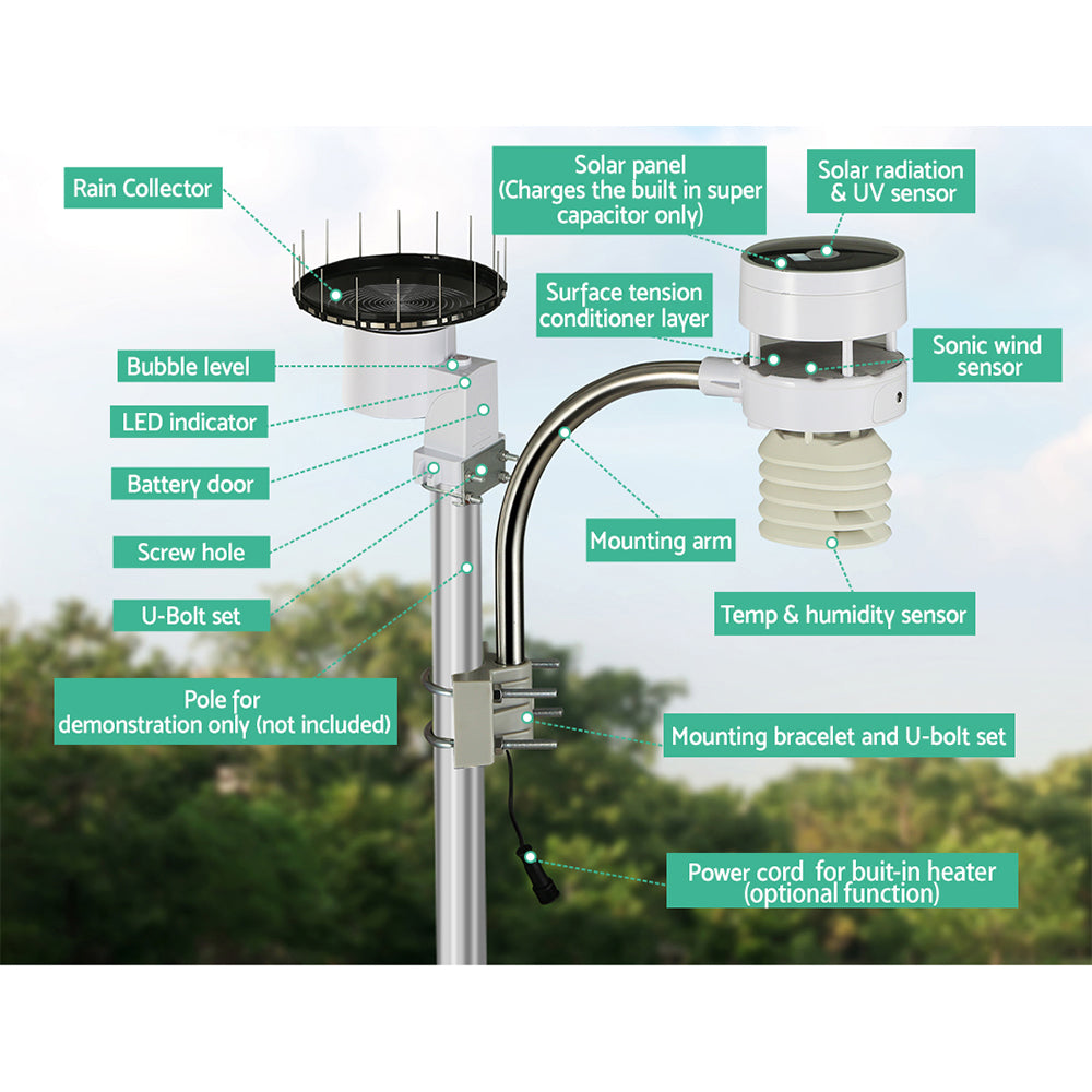 Weather Station Ultrasonic Anemometer Outdoor WiFi Rain Gauge Solar