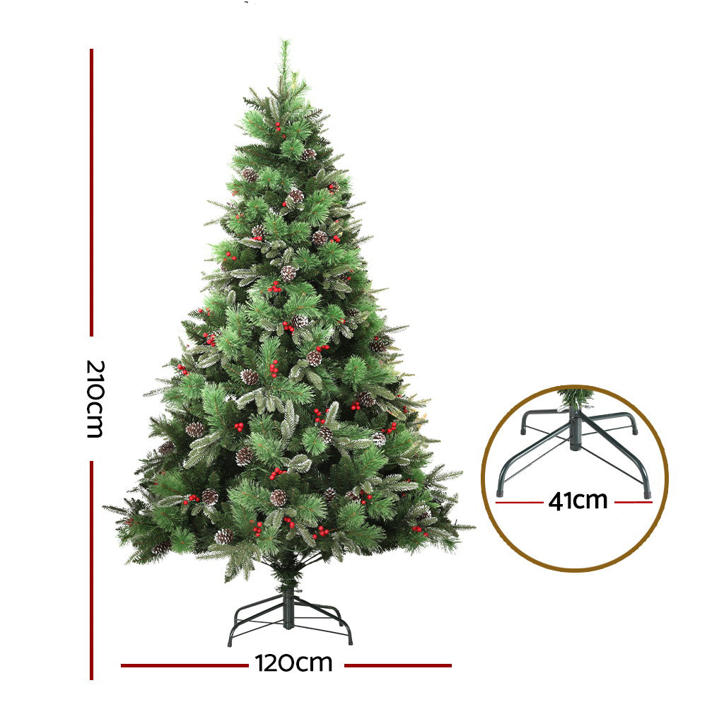 7ft 2.1m 1360 Tips Christmas Tree with Pine Cones Red Berries Prelit Warm Lights