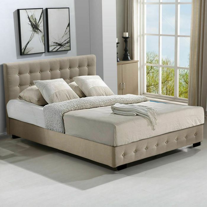 Syke Gas Lift Bed Frame Fabric Base with Storage - Beige Double