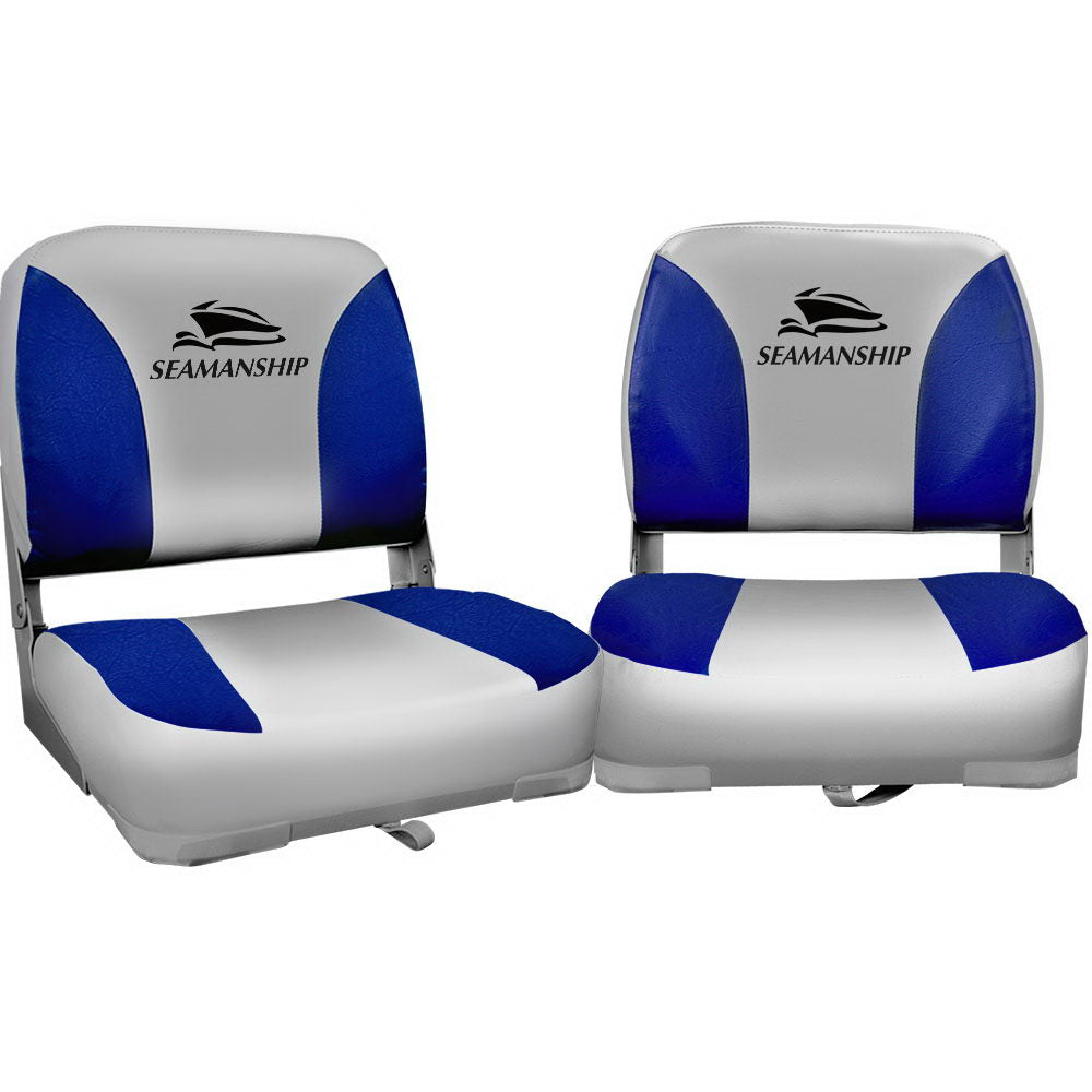 Set of 2 Folding Boat Seats Marine Swivel Low Back 13cm Padding Grey Blue