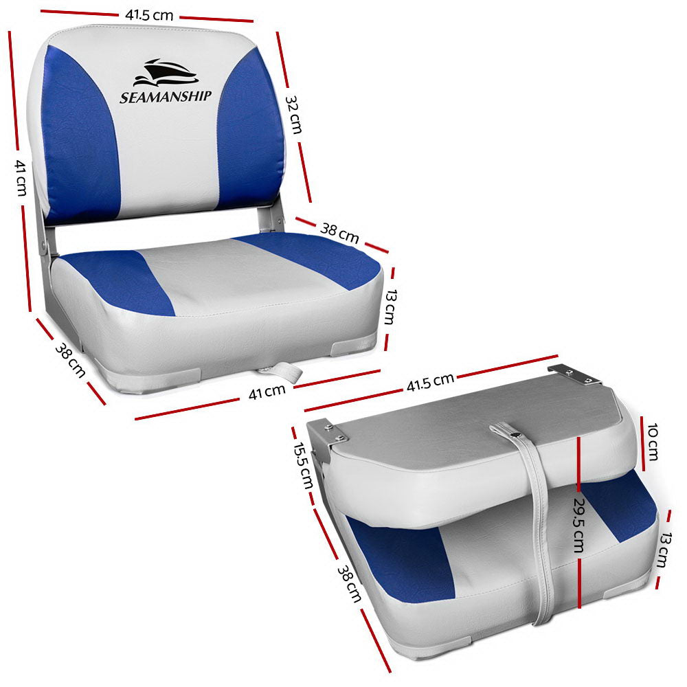 Set of 2 Folding Boat Seats Marine Swivel Low Back 13cm Padding Grey Blue