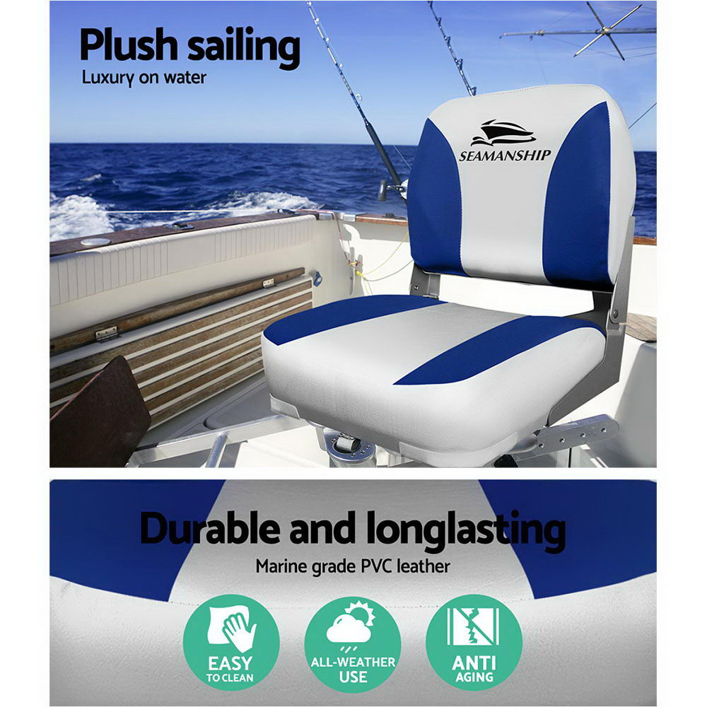 Set of 2 Folding Boat Seats Marine Swivel Low Back 13cm Padding Grey Blue