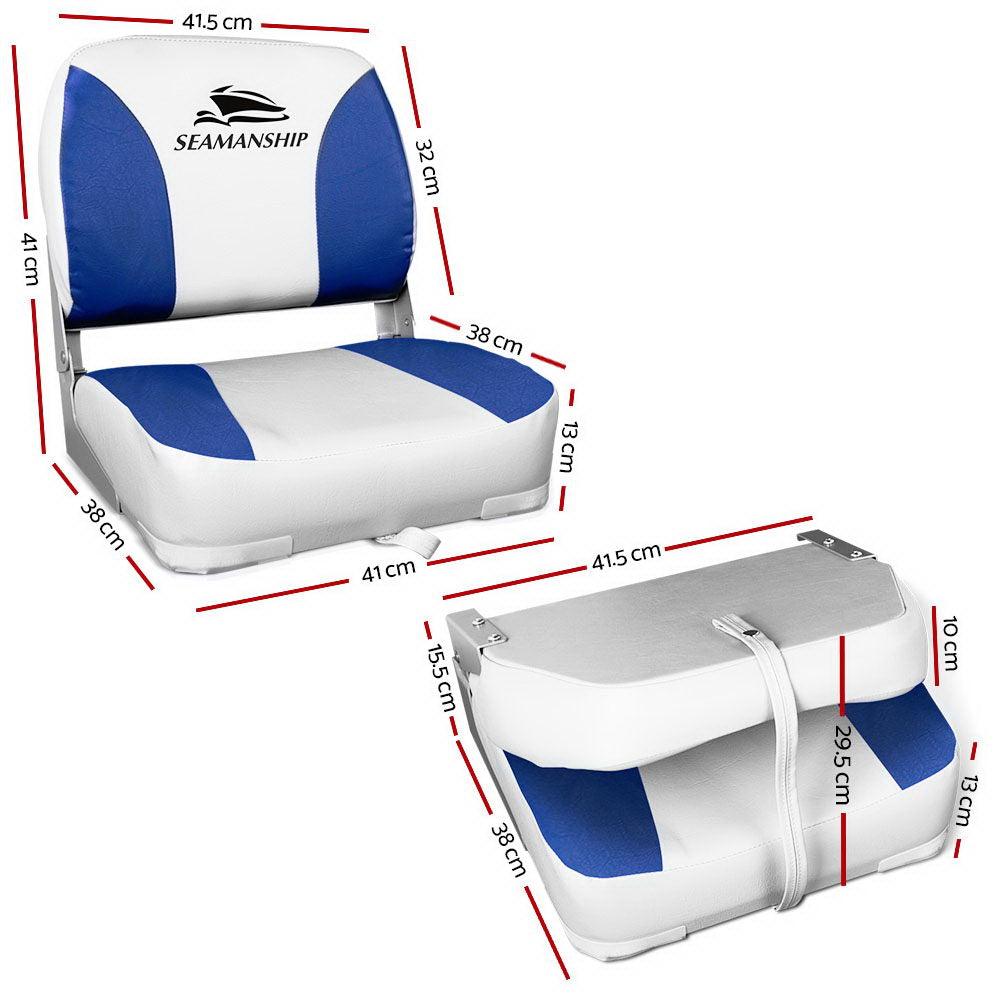 Set of 2 Folding Boat Seats Marine Swivel Low Back 13cm Padding White Blue