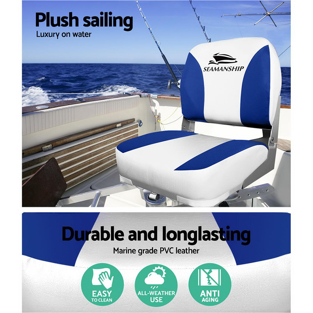 Set of 2 Folding Boat Seats Marine Swivel Low Back 13cm Padding White Blue