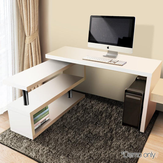 Rotary Corner Desk with Bookshelf - White