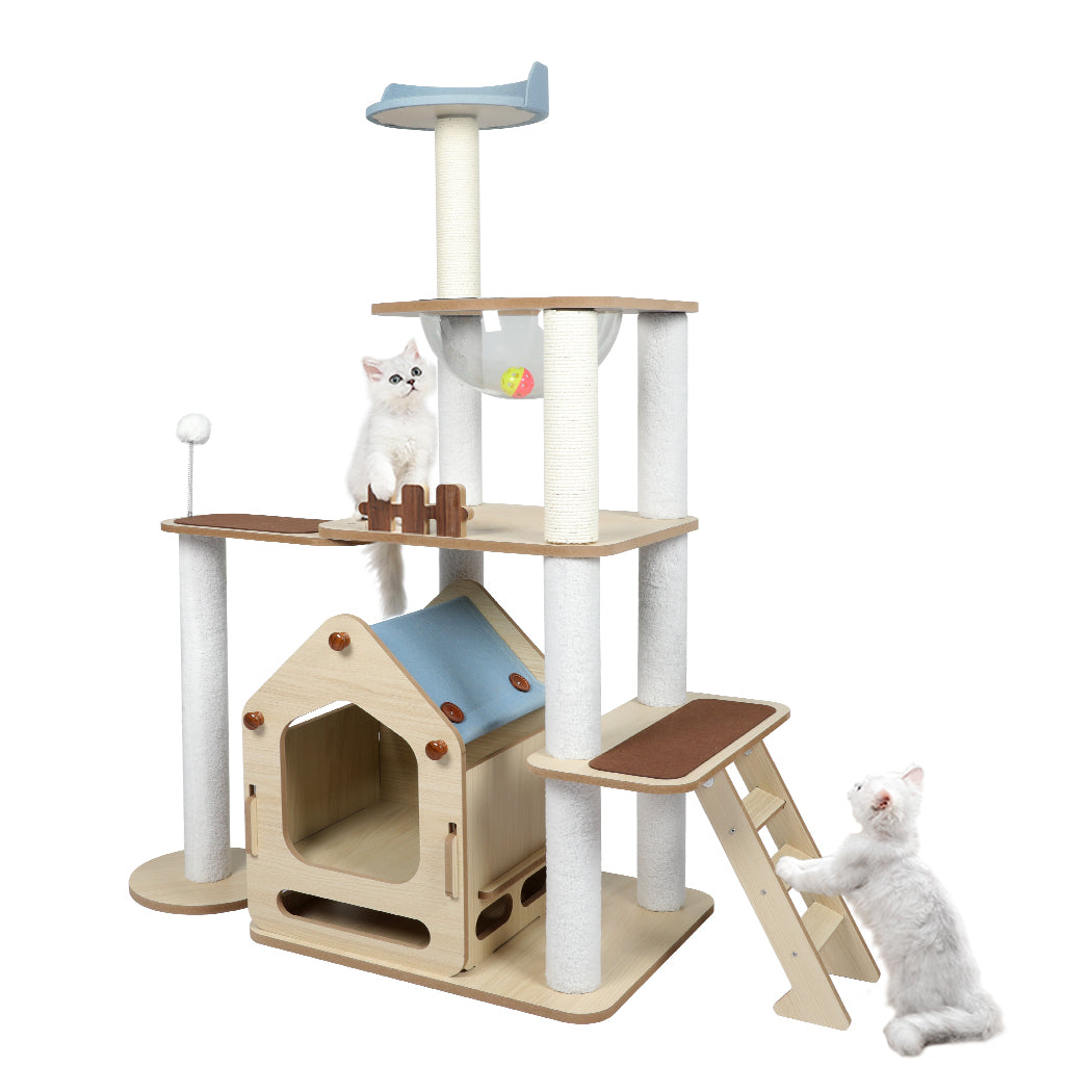 Cat Tree Scratching Post Scratcher Cats Tower Wood Condo Toys House 138cm - White