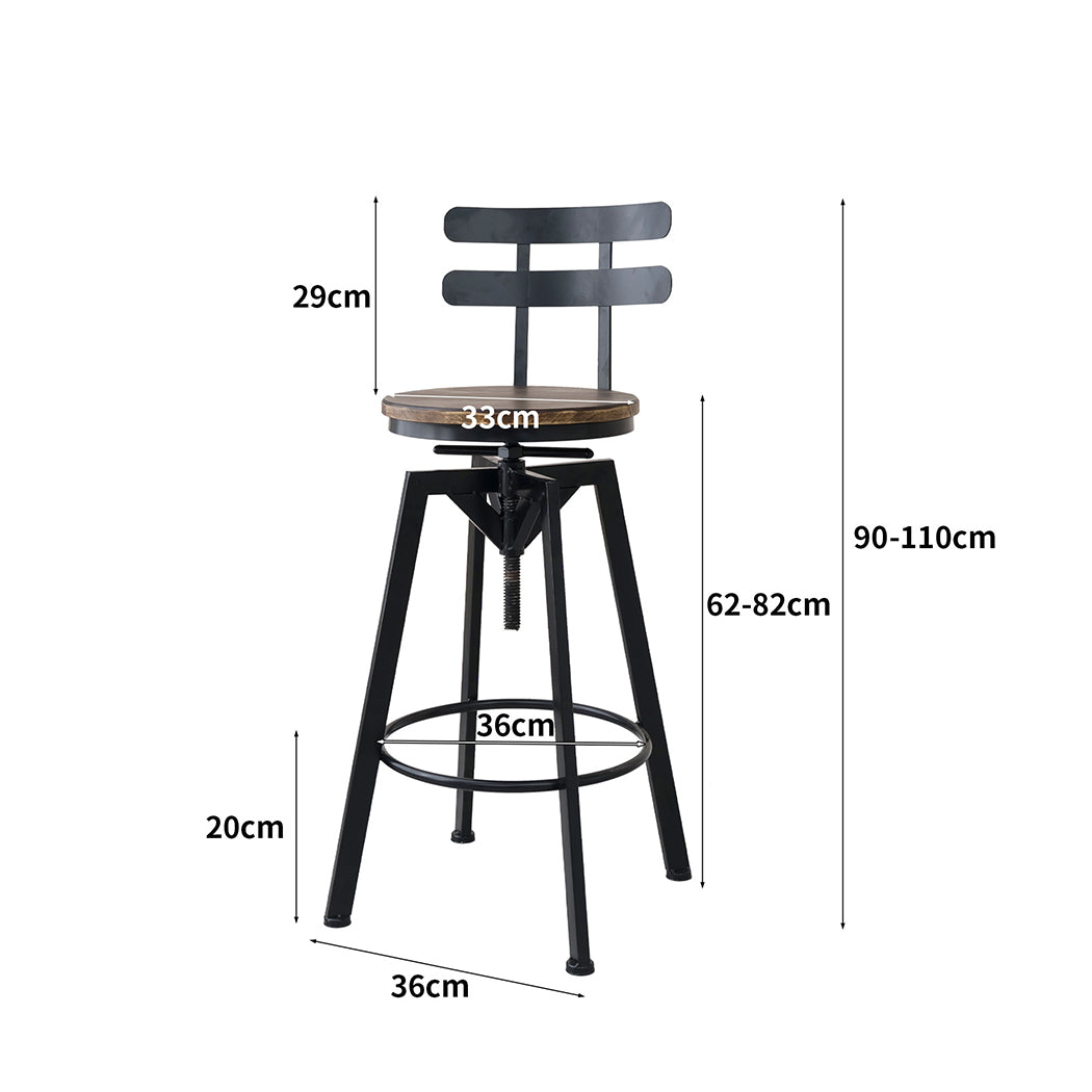 110cm Helsinki Industrial Adjustable Swivel Bar Stools with Back Wood Counter Chairs - Brown