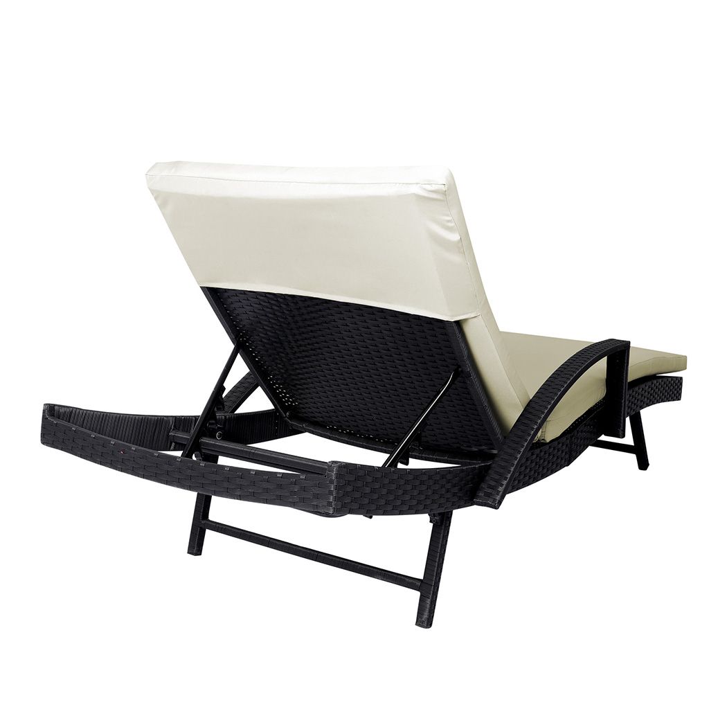Simon Set of 2 Outdoor Sun Lounger Furniture Wicker Lounge Garden Patio Bed Pool Beige Cushion - Black