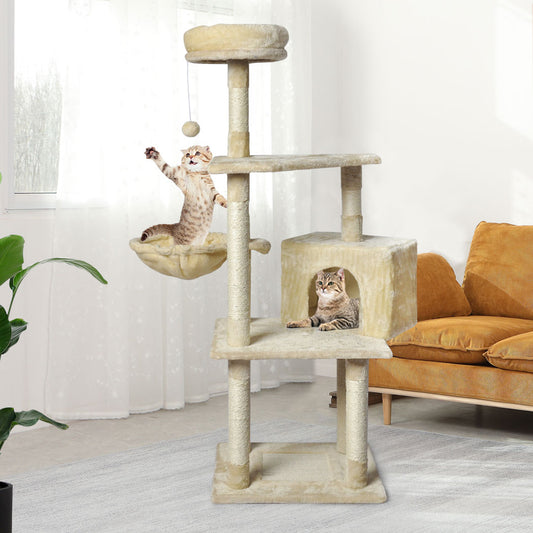 Cat Tree Toy Scratching Post Scratcher Tower Condo Wooden House Cream 130cm