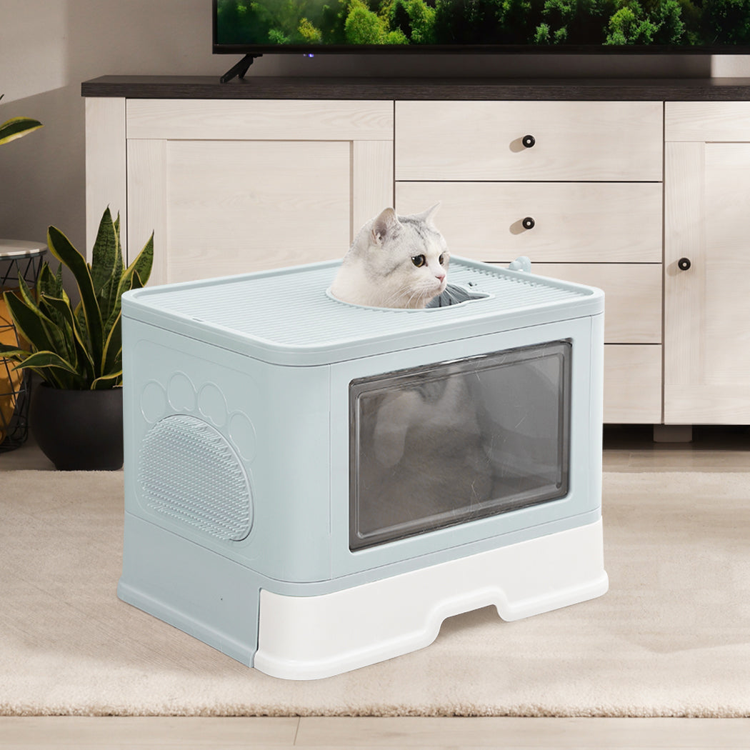 Foldable Cat Litter Box Tray Enclosed Kitty Toilet Hood Hair Grooming Blue - Green