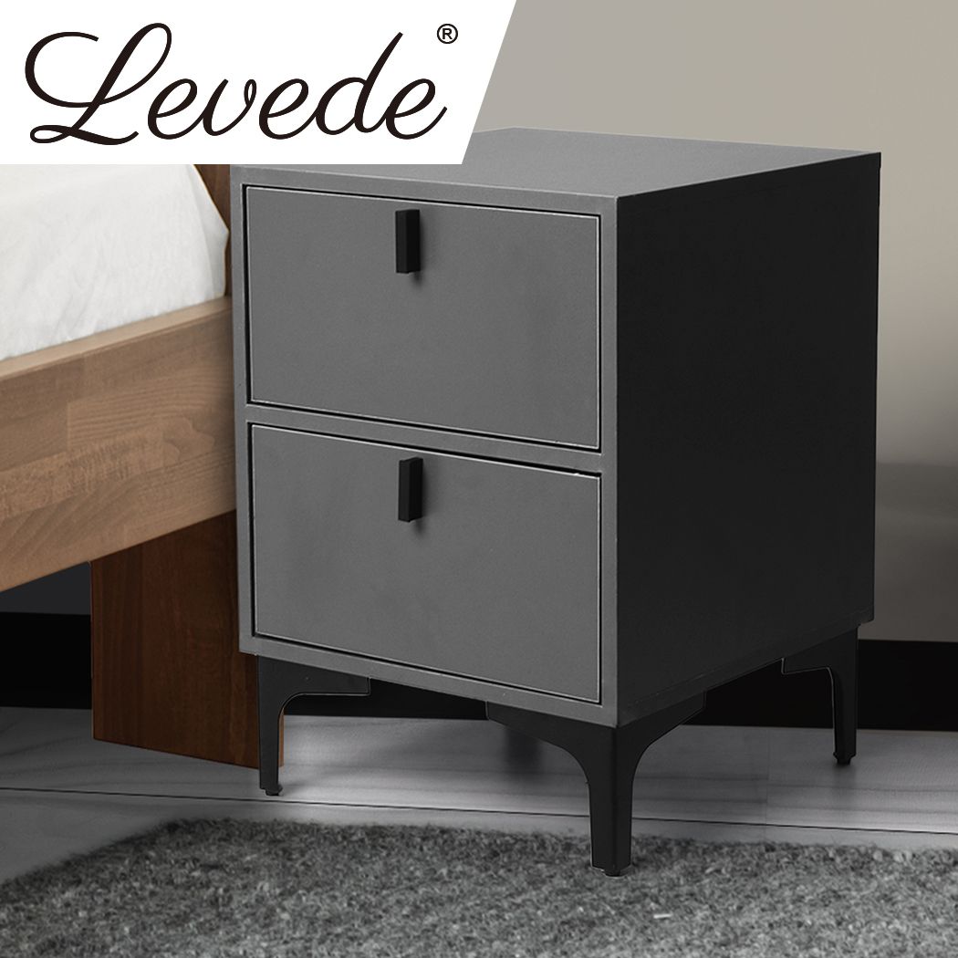 Lethbridge Wooden Steel Frame Bedside Tables Side Table Bedroom Nightstand Storage Cabinet with 2 Drawers - Grey