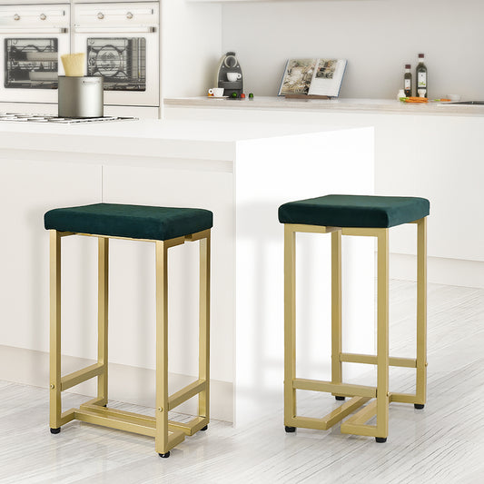 Set of 2 Riga Bar Stools Backless Velvet Upholstered Metal Kitchen Counter Chairs - Gold Green