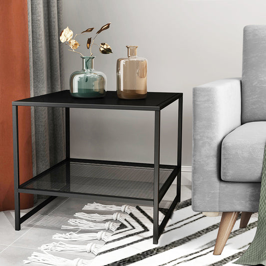 Iro 2-Tier Side Open Design Steel Home Shelf Compact Storage End Table - Black