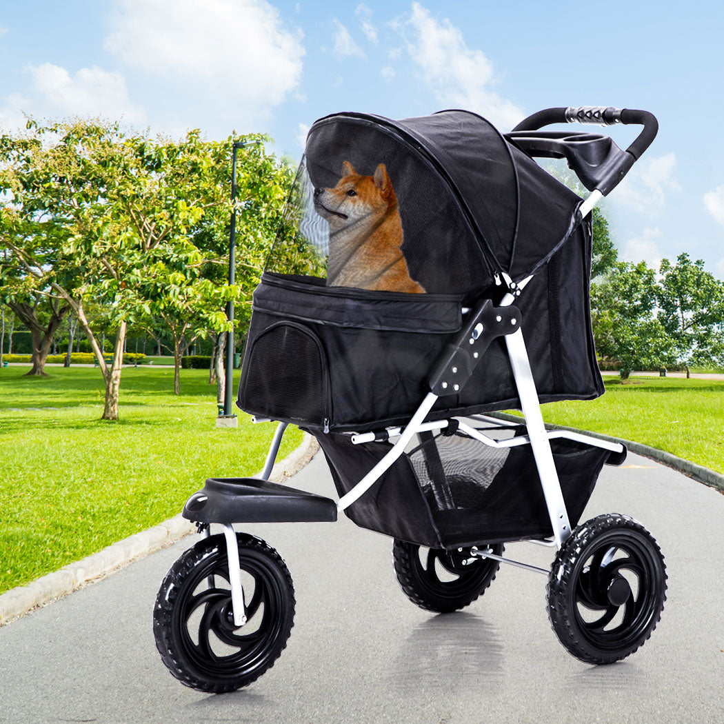 Pet Stroller Pram Dog Carrier Trailer Strollers 3 Wheels Foldable Large - Black Large