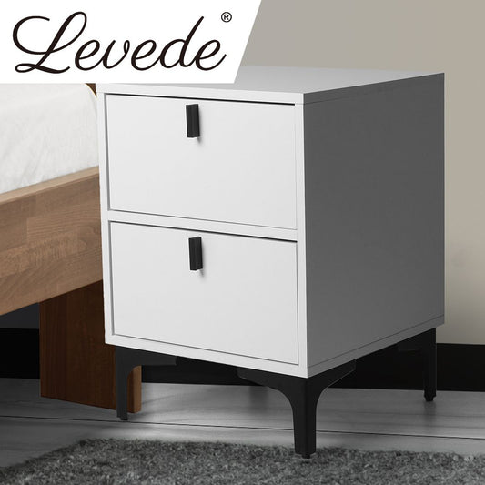 Lethbridge Wooden Steel Frame Bedside Tables Side Table Bedroom Nightstand Storage Cabinet with 2 Drawers - White