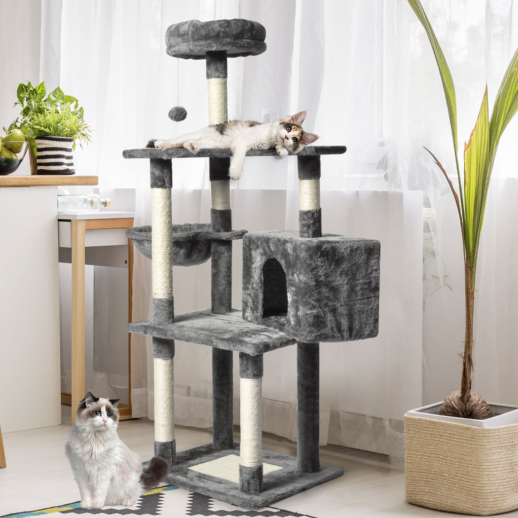 Cat Tree Toy Scratching Post Scratcher Tower Condo Wooden House Grey 130cm