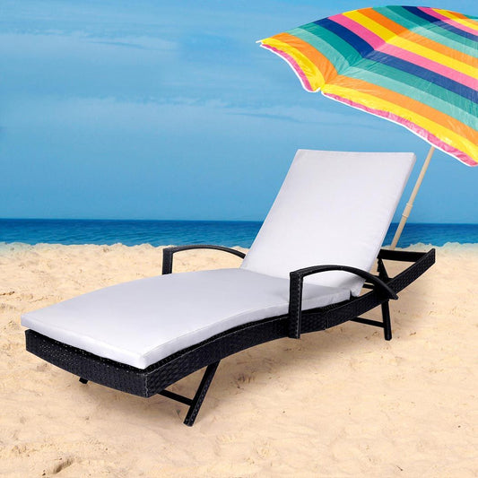 Simon Outdoor Sun Lounger Furniture Wicker Lounge Garden Patio Bed Pool White Cushion - Black