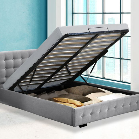 Syke Gas Lift Bed Frame Fabric Base with Storage - Grey Queen