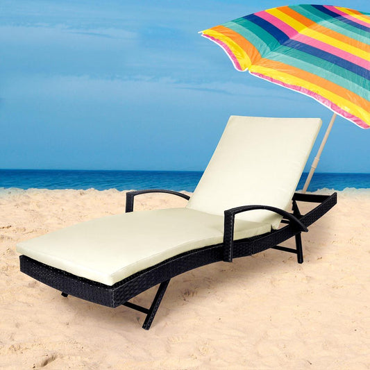 Simon Outdoor Sun Lounger Furniture Wicker Lounge Garden Patio Bed Pool Beige Cushion - Black