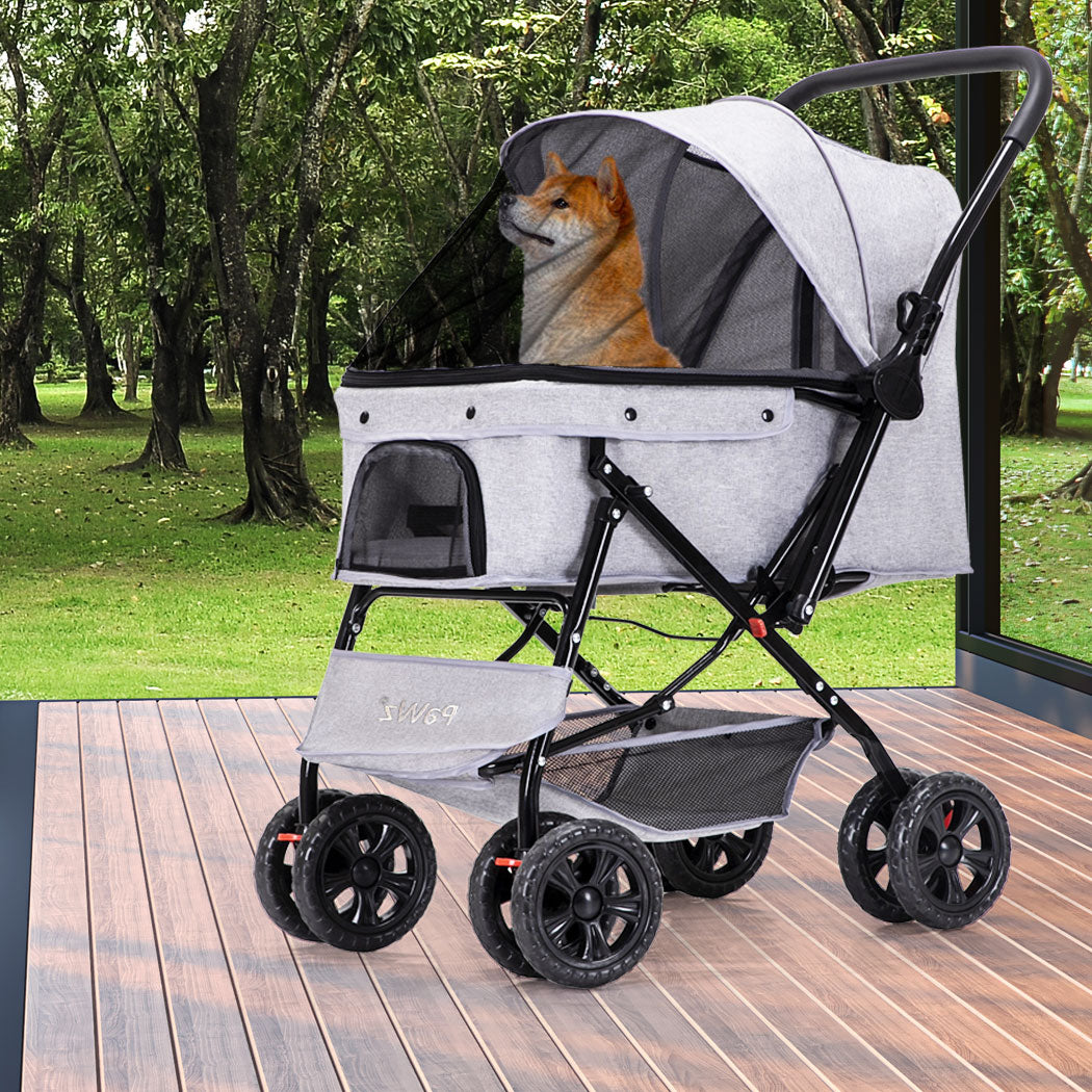 Pet Stroller Pram Dog Carrier Trailer Strollers 4 Wheels Foldable Large - Grey Large
