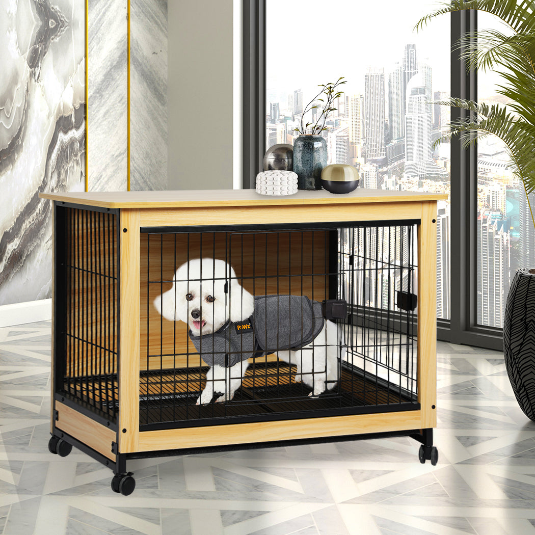 Wooden Wire Dog Kennel Side End Table Steel Puppy Crate Indoor Pet House M - Wood Medium