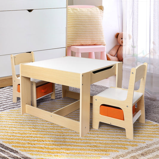 Phyllys 3-Piece Kids Table & Chairs Set Storage Box Toys Play Desk Wooden Study - White & Wood