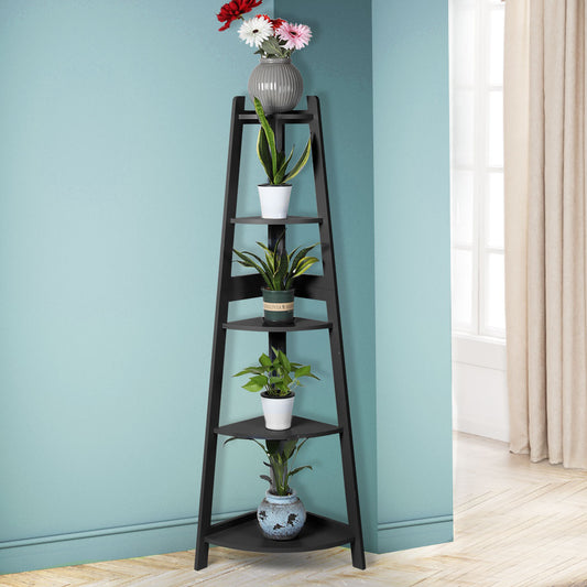 5 Tier Corner Shelf Wooden Storage Home Display Rack Plant Stand - Black