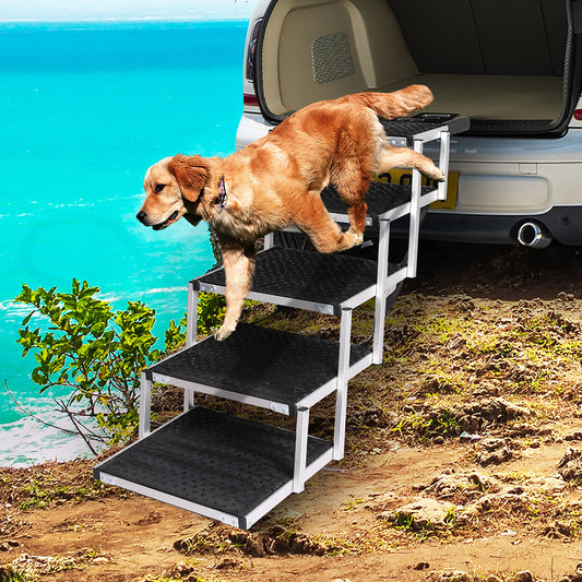 5 Steps Dog Ramp Adjustable Height Stair Car Dog Folding Portable Aluminium - Black