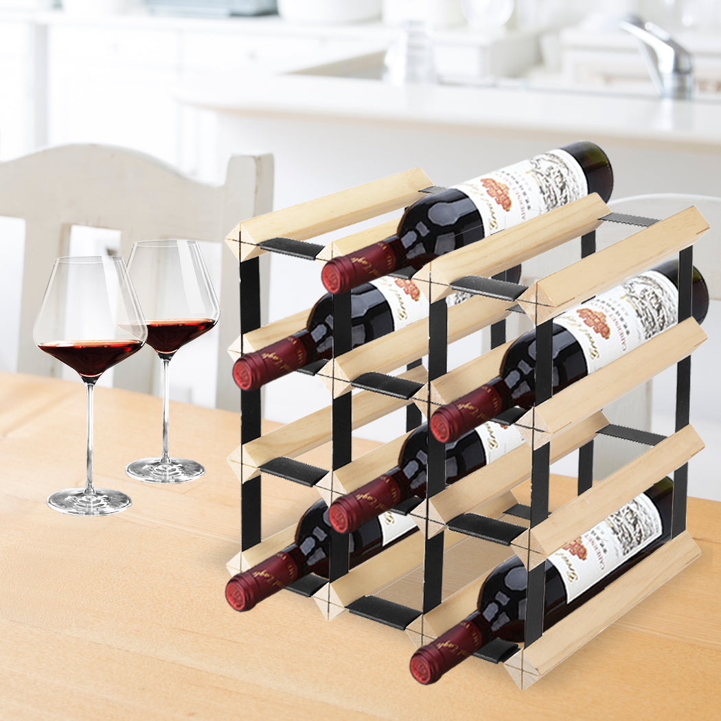 Timber Wine Storage Rack  Wooden Cellar Organiser 12 Bottle Display Stand