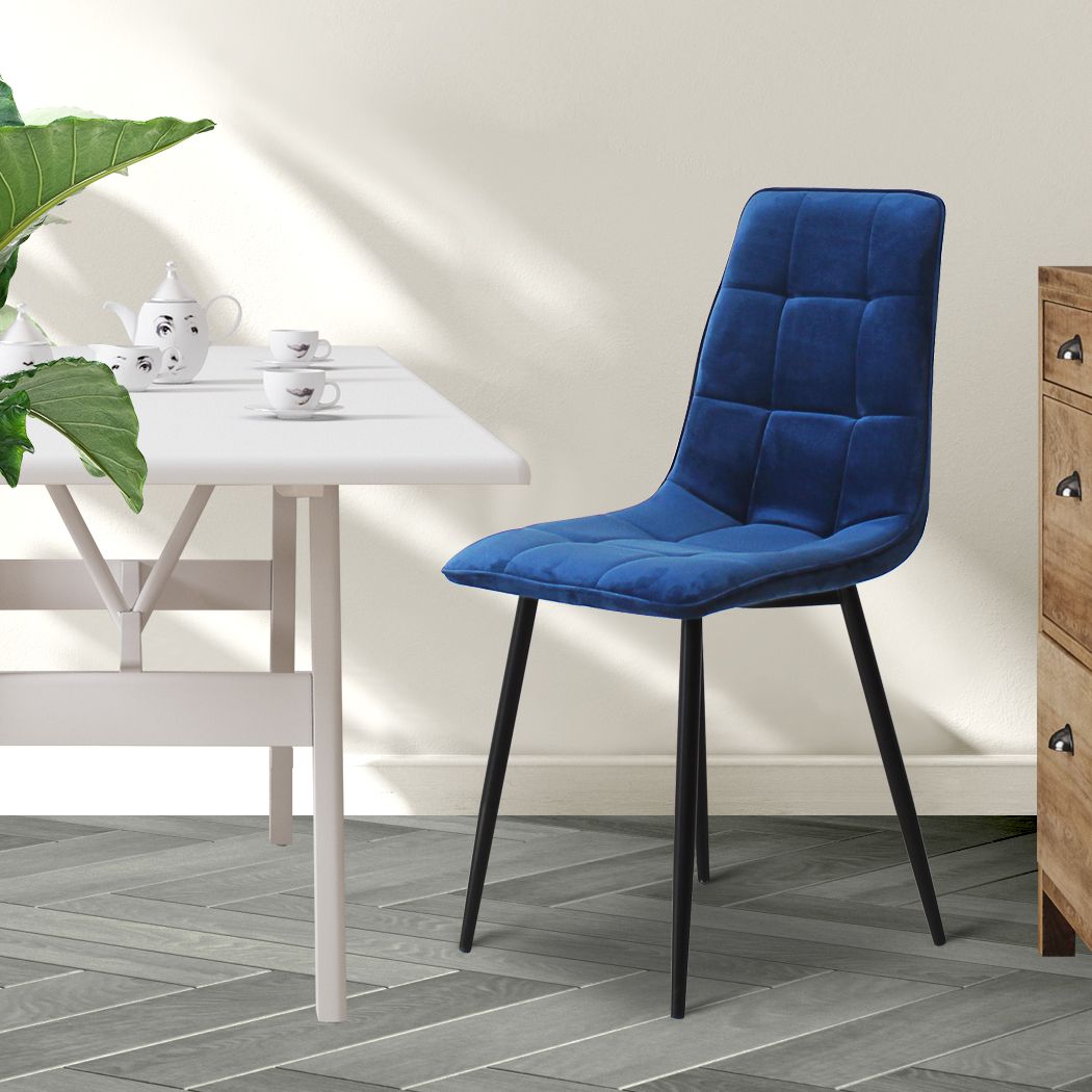 Spencer Set of 4 Dining Chairs Kitchen Table Lounge Room Retro Padded Seat Velvet - Blue