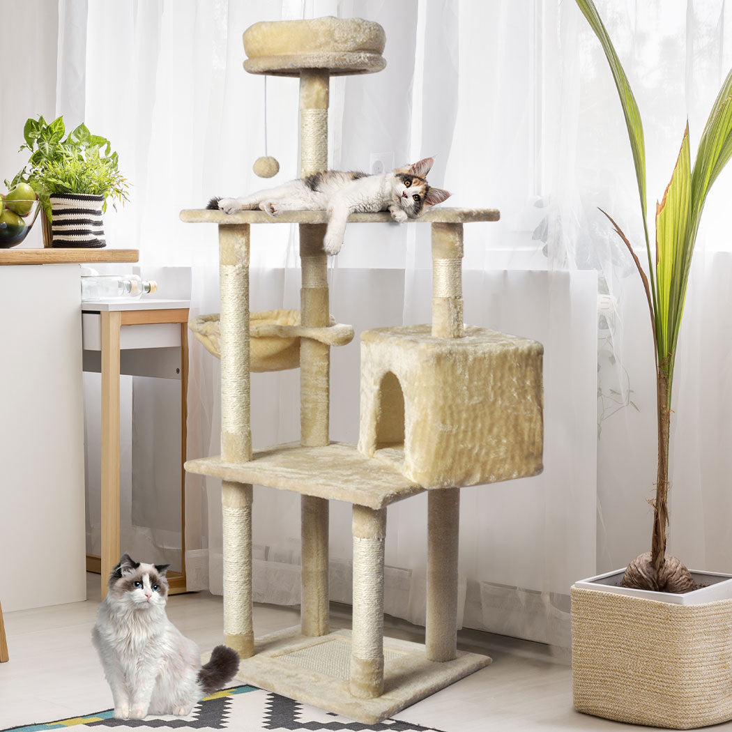 Cat Tree Toy Scratching Post Scratcher Tower Condo Wooden House Cream 130cm