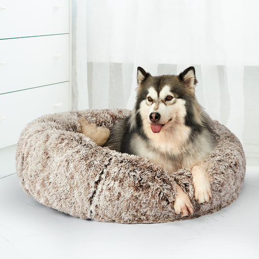 Foxhound Dog Beds Pet Cat Donut Nest Calming Mat Soft Plush Kennel - Brown MEDIUM