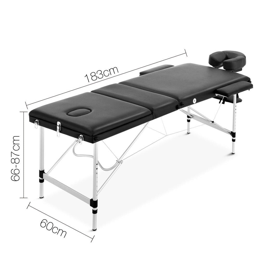 Massage Table 60cm 3 Fold Aluminium Beauty Bed Portable Therapy Waxing Black