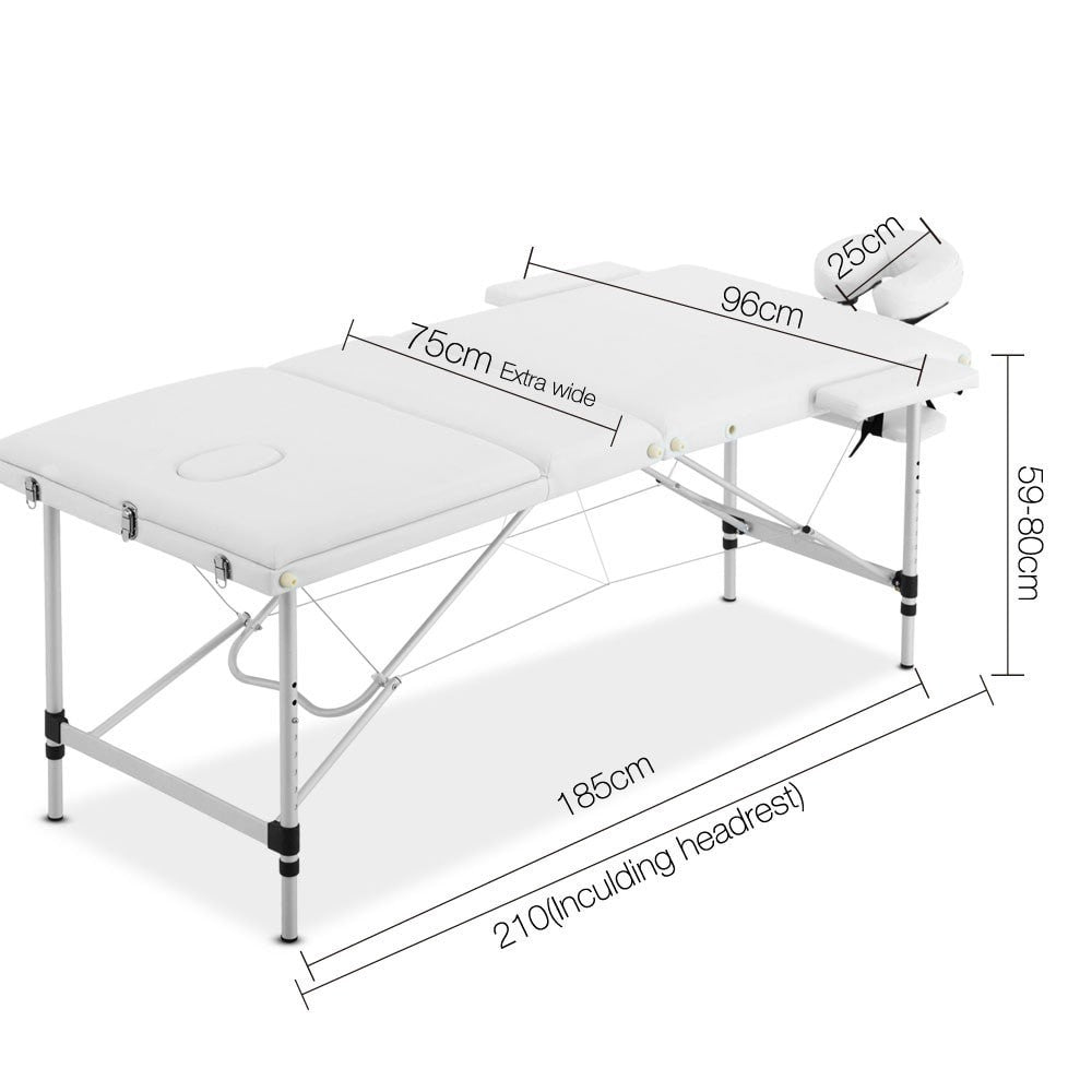 Massage Table 75cm 3 Fold Aluminium Beauty Bed Portable Therapy White