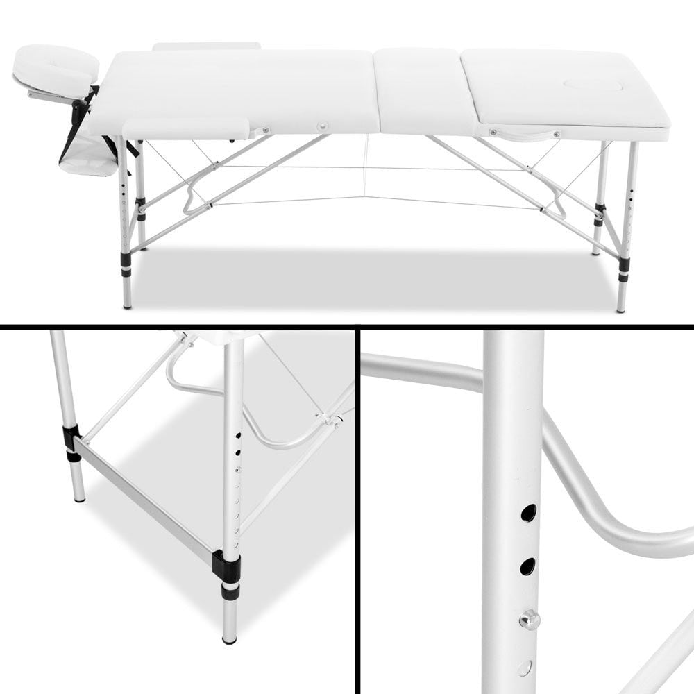 Massage Table 75cm 3 Fold Aluminium Beauty Bed Portable Therapy White