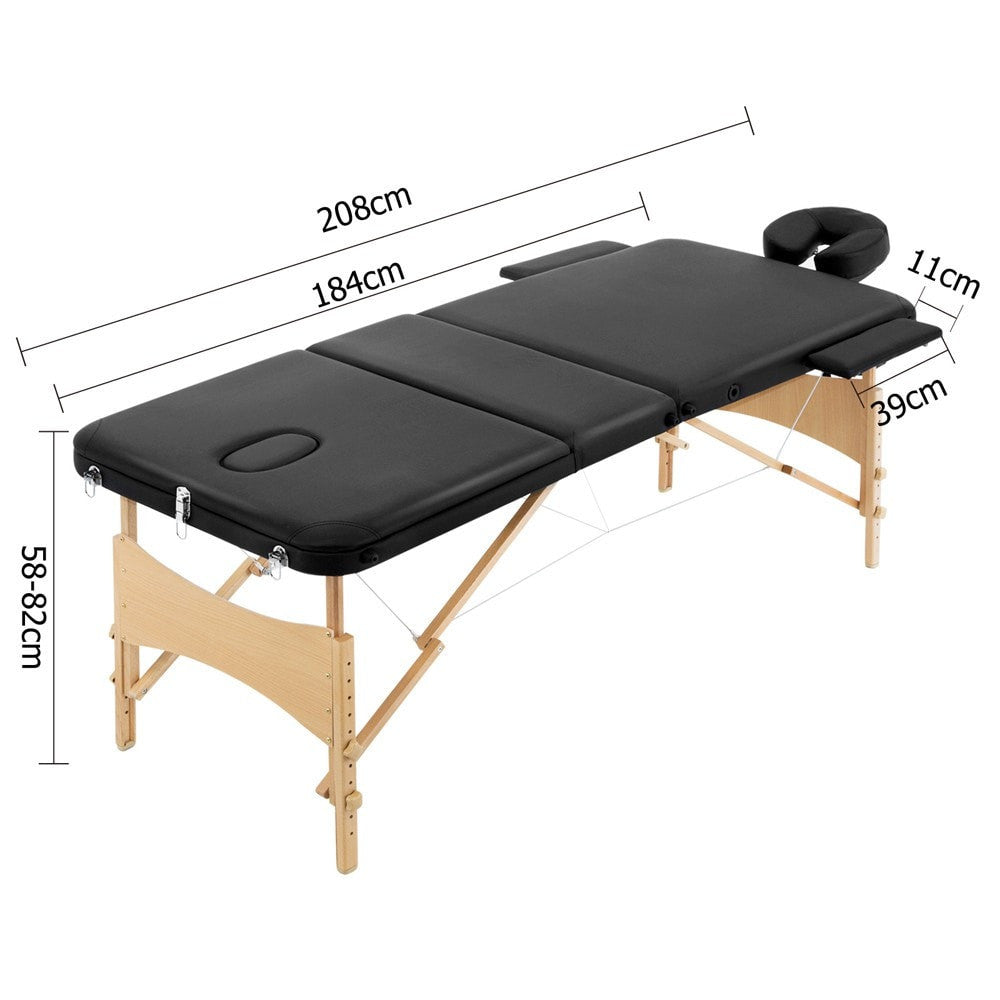 Massage Table 70cm 3 Fold Wooden Portable Beauty Therapy Bed Waxing Black