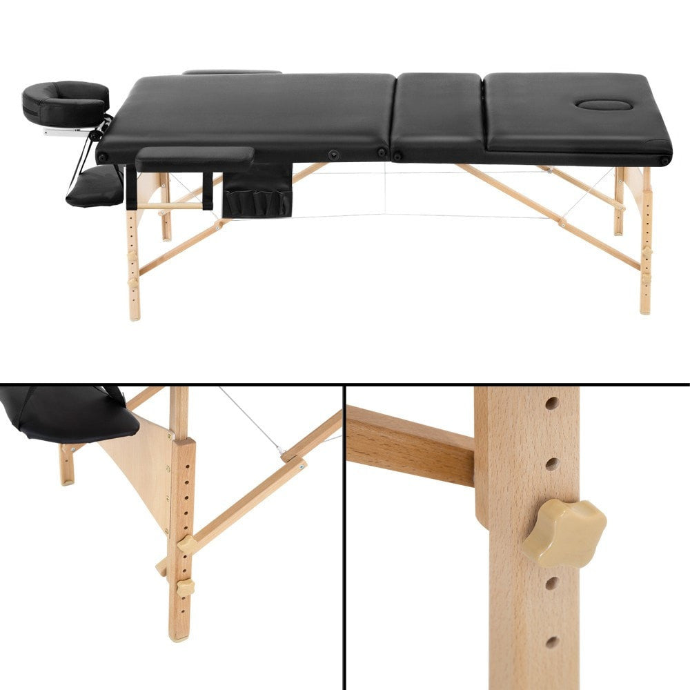 Massage Table 70cm 3 Fold Wooden Portable Beauty Therapy Bed Waxing Black