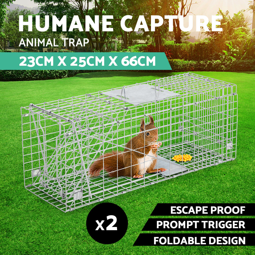 Set of 2 Humane Animal Trap Cage 66x23x25cm - Silver